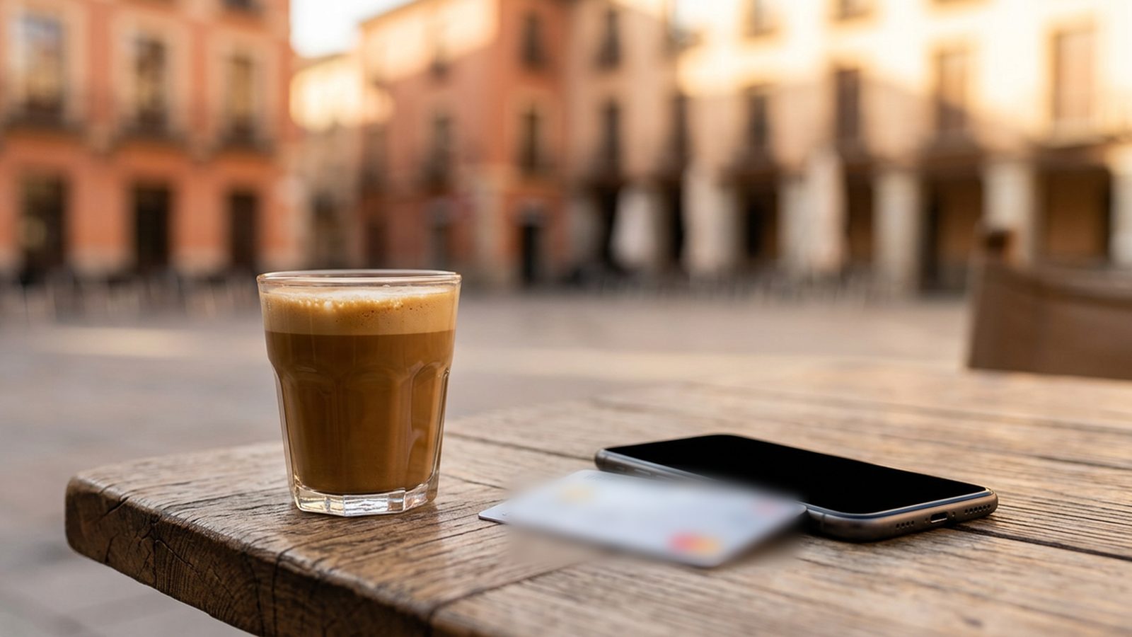 A British bank card and phone beside a cortado on a café table in a sunlit Spanish plaza